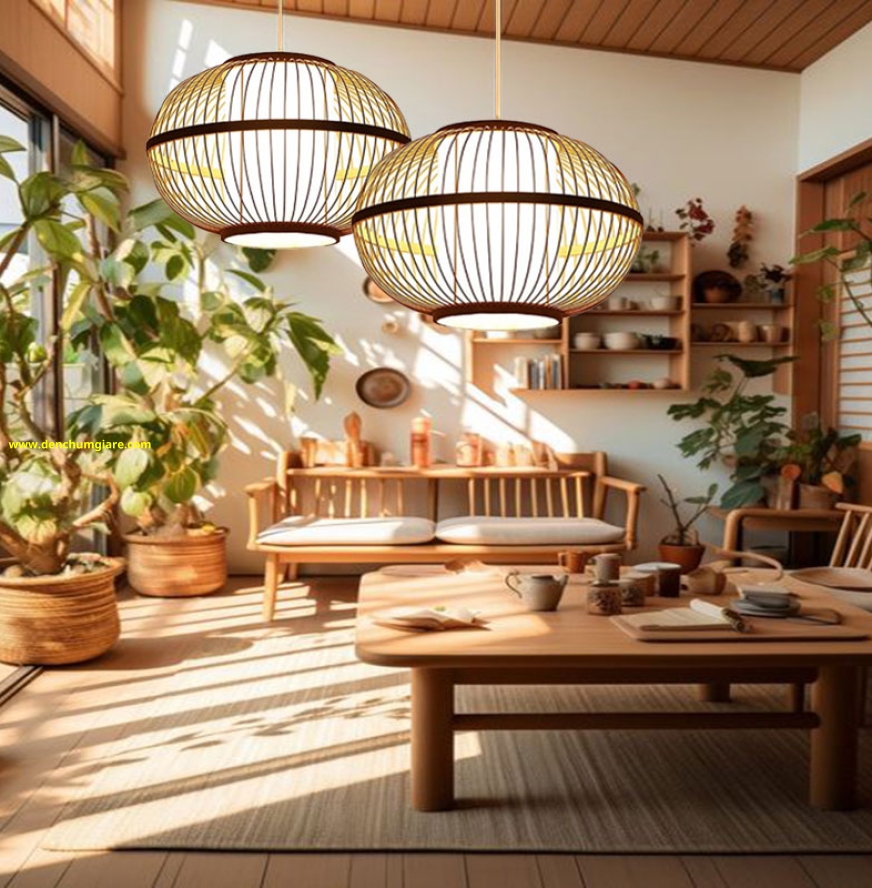 Đèn mây tre hình cầu có lồng vải MT108