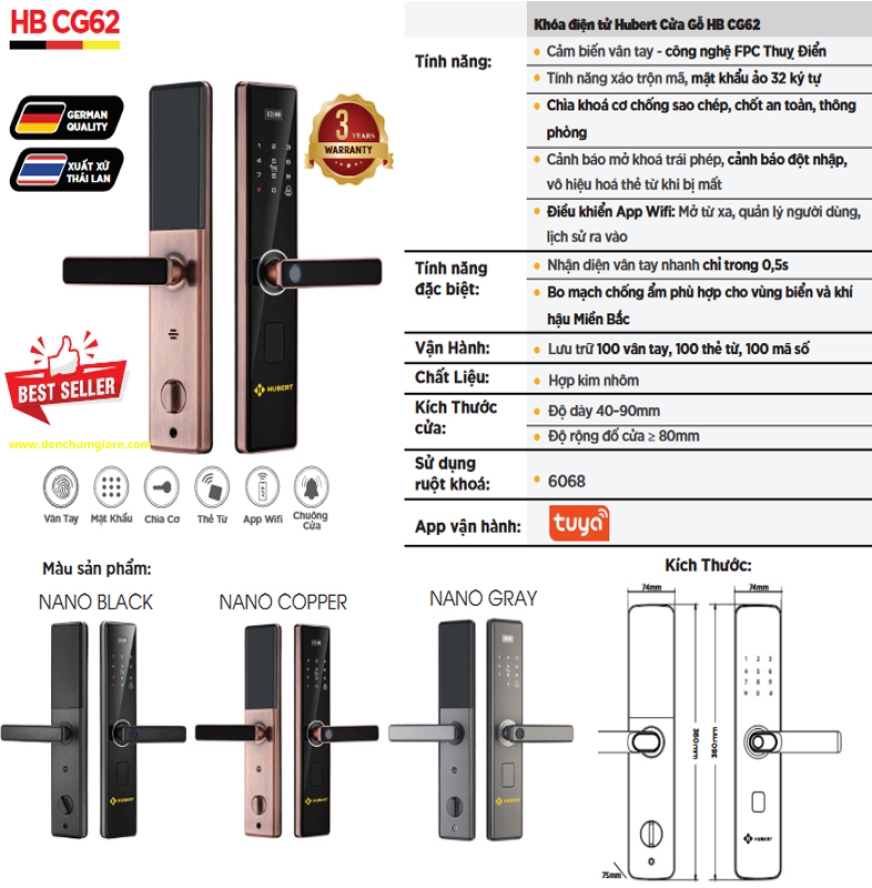 Khoá vân tay cửa gỗ HUBERT HB CG62 Black/Grey/Copper tiêu chuẩn Đức với 5 tính năng nổi bật