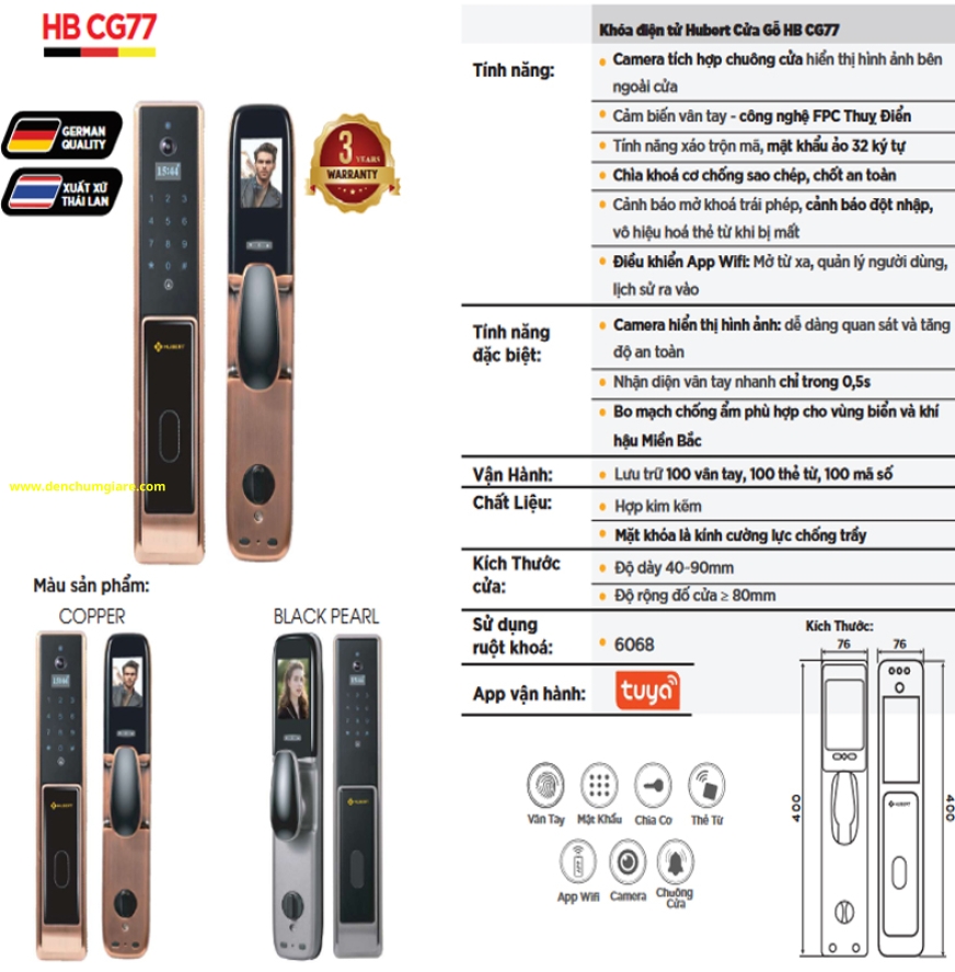 Khoá vân tay cửa gỗ HUBERT HB CG77 Copper/Black Pearl  tiêu chuẩn Đức với 6 tính năng nổi bật
