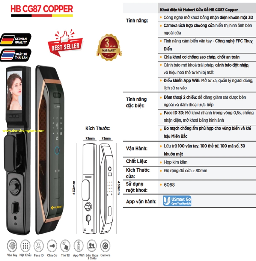Khoá vân tay cửa gỗ HUBERT HB CG87 Copper  tiêu chuẩn Đức với 8 tính năng nổi bật