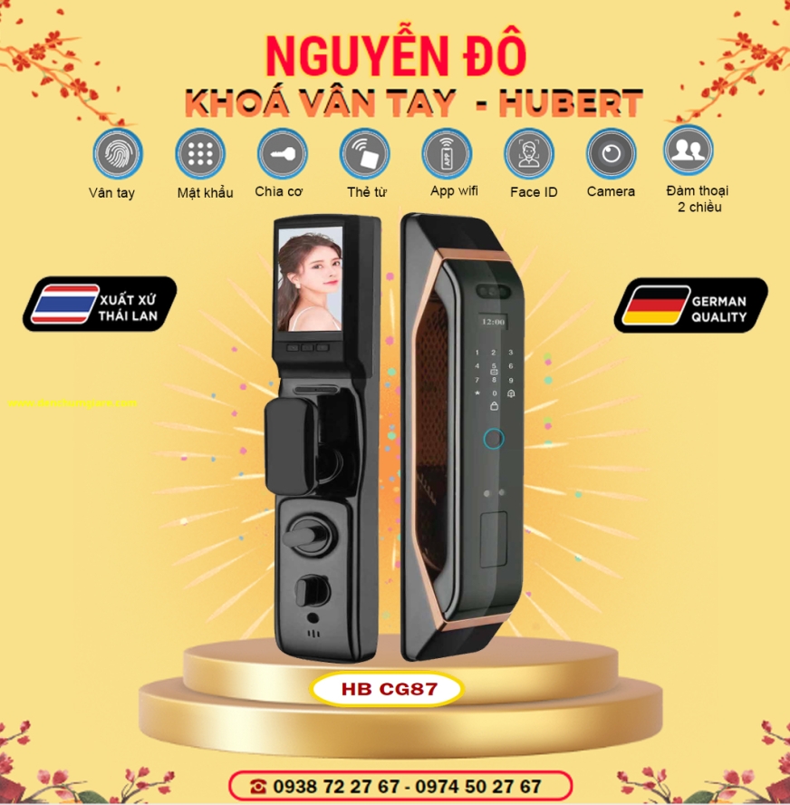 Khoá vân tay cửa gỗ HUBERT HB CG87 Copper  tiêu chuẩn Đức với 8 tính năng nổi bật