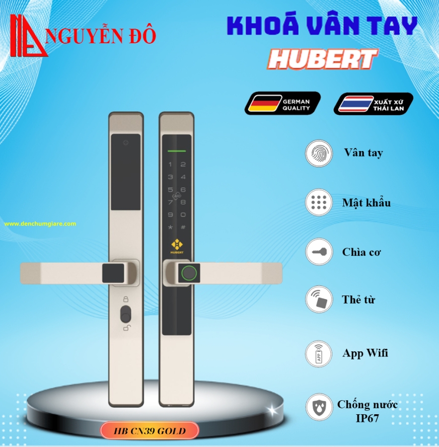 Khoá vân tay cửa nhôm HUBERT HB CN39 Black/Silver Grey/Sand Gold tiêu chuẩn Đức với 6 tính năng nổi bật