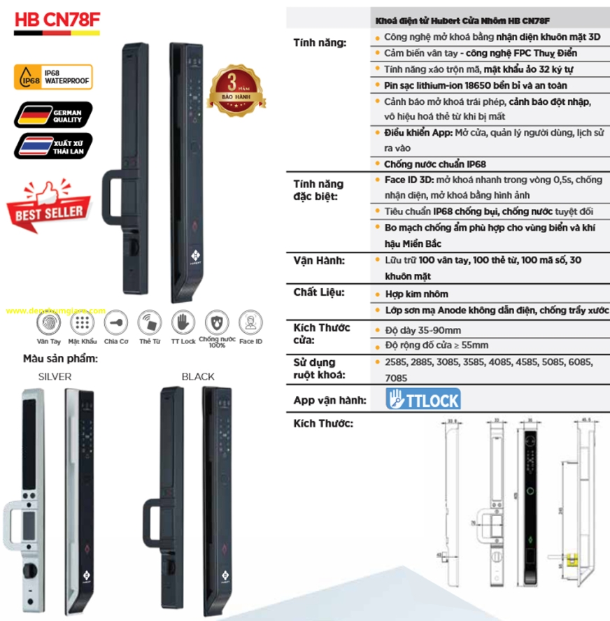 Khoá vân tay cửa nhôm HUBERT HB CN78F tiêu chuẩn Đức với 7 tính năng nổi bật