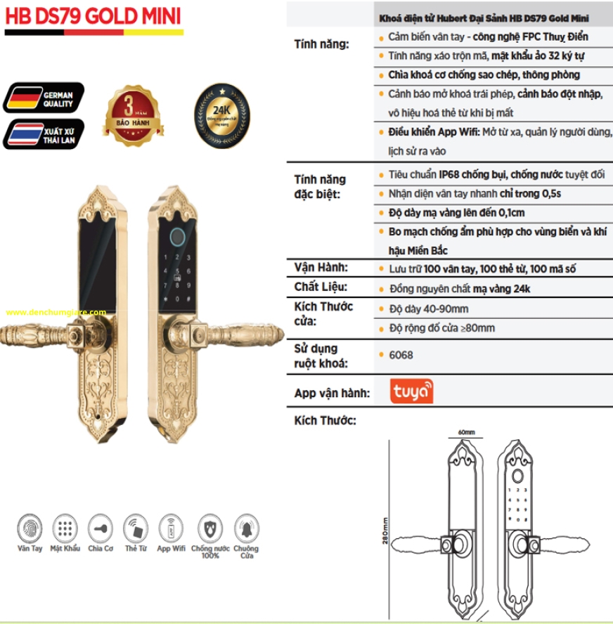 Khoá vân tay đại sảnh HUBERT HB DS79 GOLD MINI tiêu chuẩn Đức với 6 tính năng nổi bật