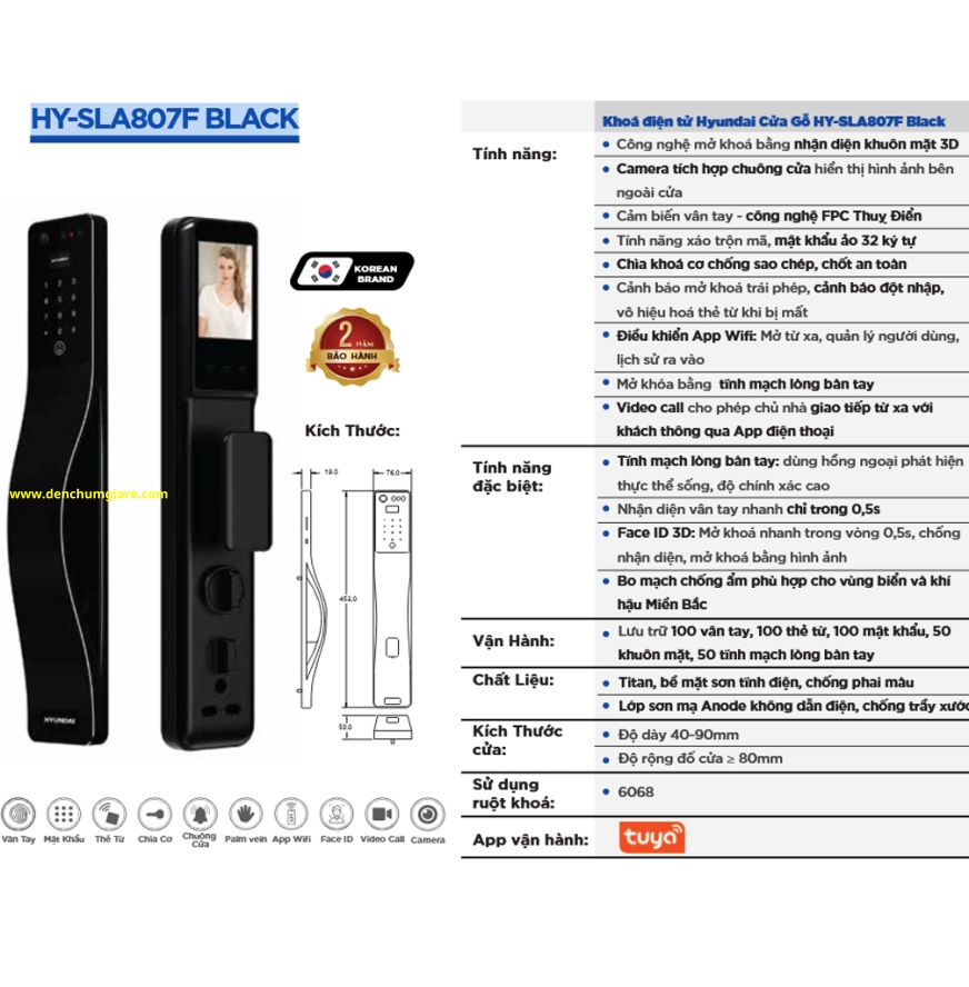 Khoá vân tay cửa gỗ, khoá cửa gỗ Hyundai HY-SLA807F BLACK tiêu chuẩn Hàn Quốc với 9 tính năng nổi bật