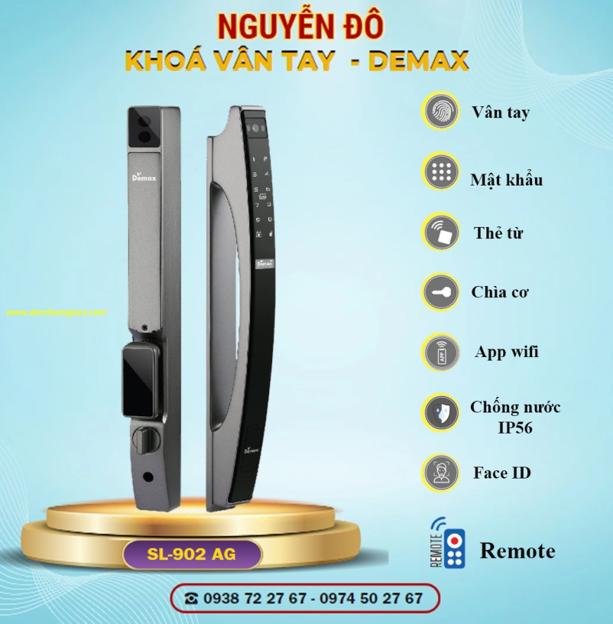 Khoá vân tay cửa nhôm Demax SL902 AG tiêu chuẩn Đức với 7 tính năng nổi bật 