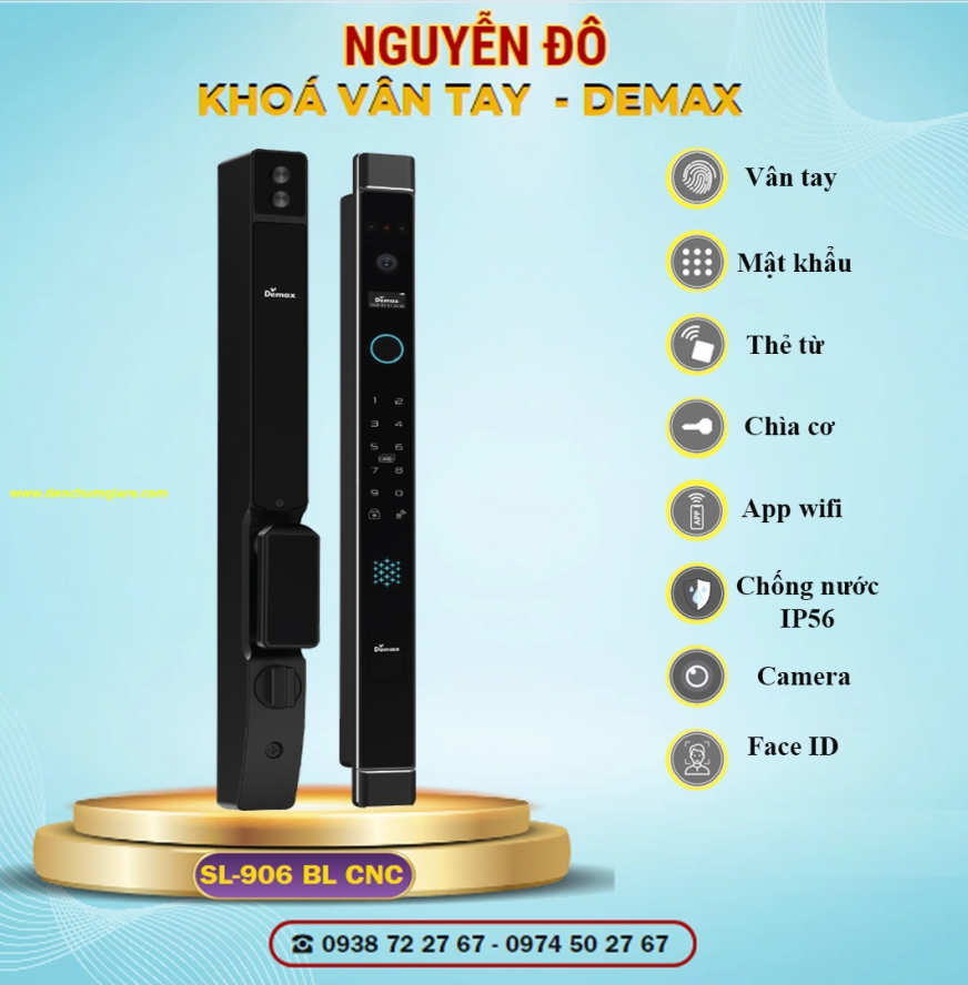 Khoá vân tay cửa nhôm Demax SL906 BL CNC tiêu chuẩn Đức với 9 tính năng nổi bật 