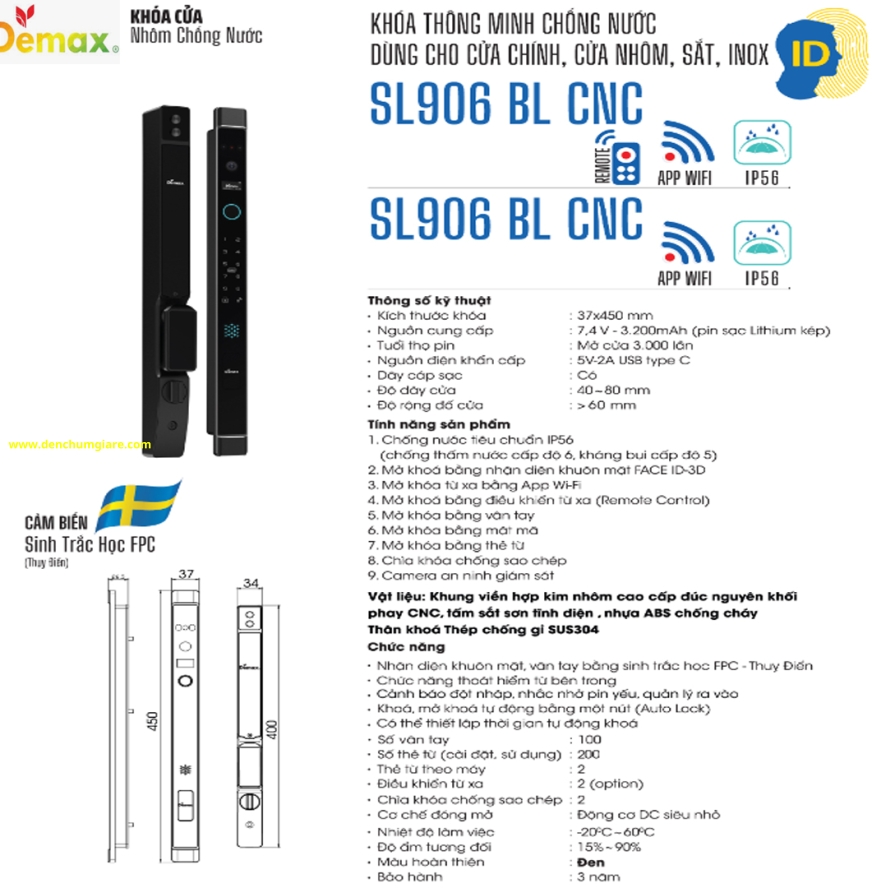 Khoá vân tay cửa nhôm Demax SL906 BL CNC tiêu chuẩn Đức với 9 tính năng nổi bật 