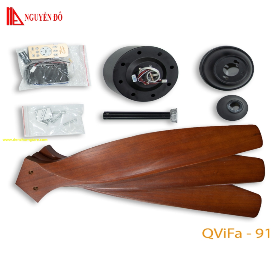 Quạt trần cánh gỗ 3 cánh QViFa – 91 công suất 40W, động cơ DC tiết kiệm điện, điều khiển từ xa bằng Remote