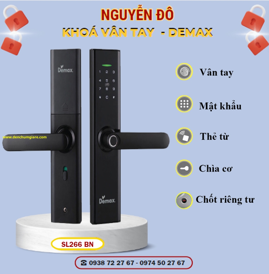 Khoá vân tay cửa gỗ Demax SL266 BN màu Đen Nano tiêu chuẩn Đức với 6 tính năng nổi bật 