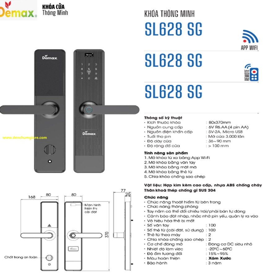 Khoá vân tay cửa gỗ Demax SL628 SG màu Xám xước tiêu chuẩn Đức với 5 tính năng nổi bật 