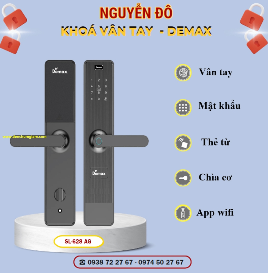 Khoá vân tay cửa gỗ Demax SL628 SG màu Xám xước tiêu chuẩn Đức với 5 tính năng nổi bật 