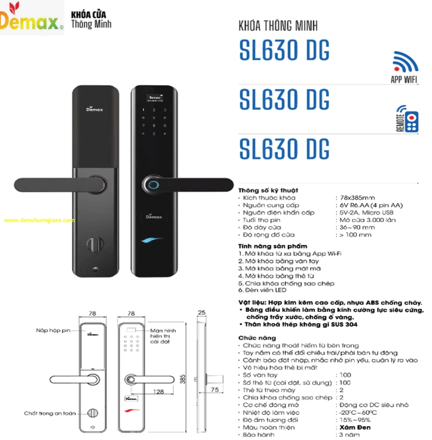 Khoá vân tay cửa gỗ Demax SL630 DG màu Xám đen tiêu chuẩn Đức với 6 tính năng nổi bật 