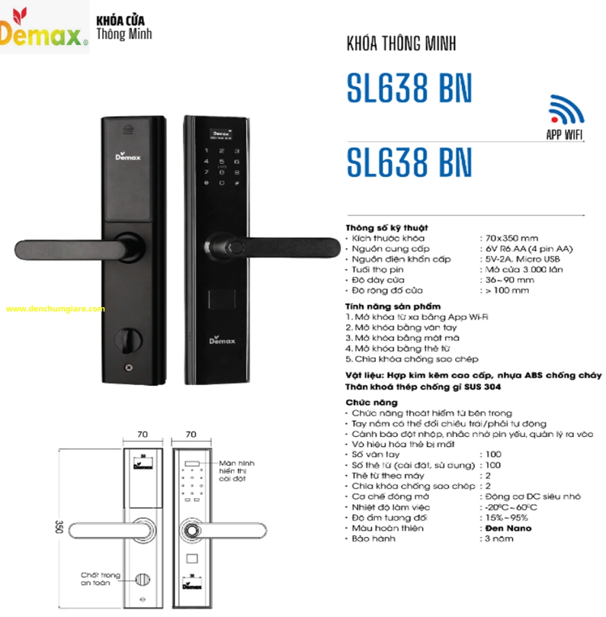Khoá vân tay cửa gỗ Demax SL638 BN màu Đen Nano tiêu chuẩn Đức với 5 tính năng nổi bật 