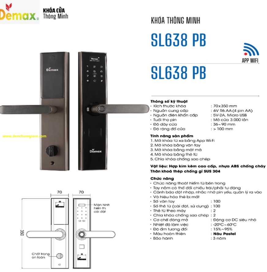 Khoá vân tay cửa gỗ Demax SL638 PB màu Nâu Pastel tiêu chuẩn Đức với 5 tính năng nổi bật 