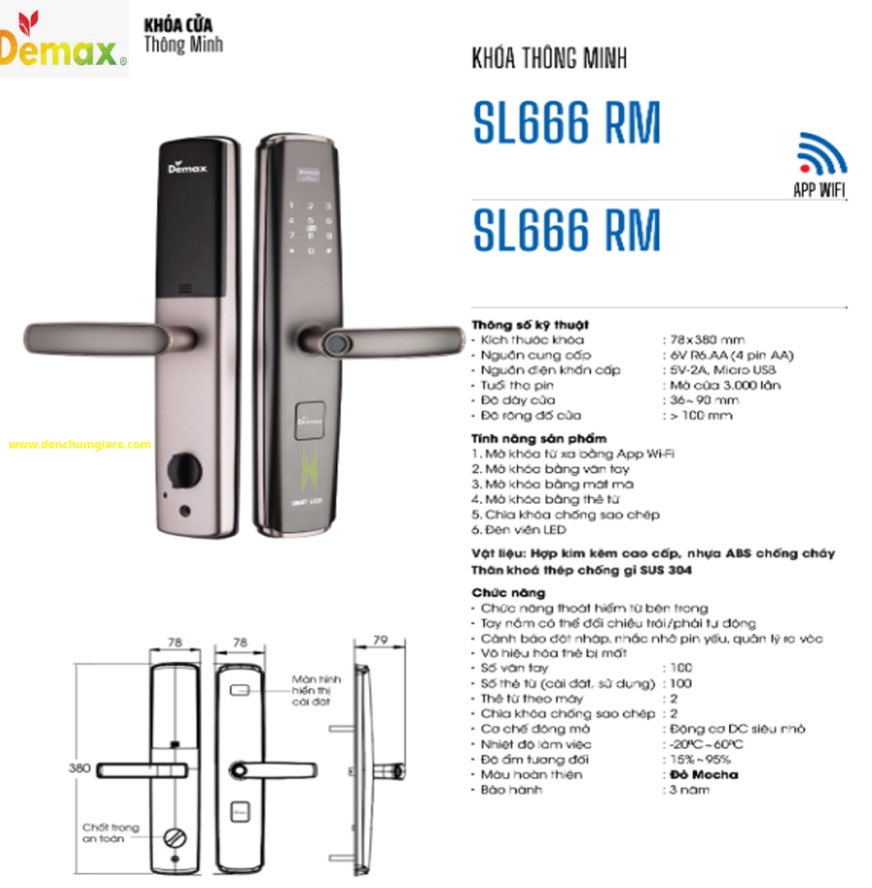 Khoá vân tay cửa gỗ Demax SL666 RM màu Đỏ Mocha tiêu chuẩn Đức với 6 tính năng nổi bật 