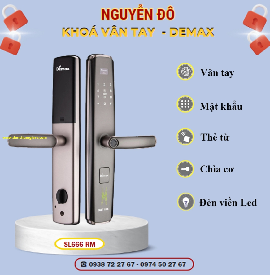 Khoá vân tay cửa gỗ Demax SL666 RM màu Đỏ Mocha tiêu chuẩn Đức với 6 tính năng nổi bật 