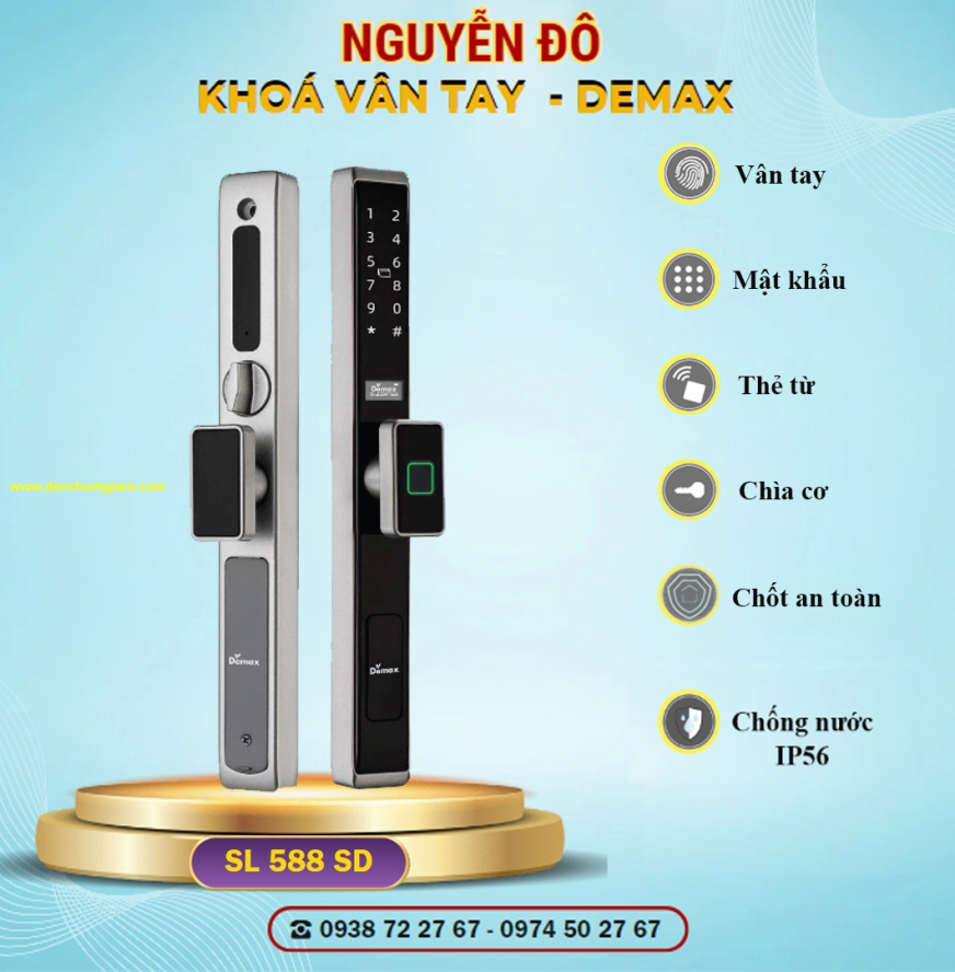 Khoá vân tay cửa nhôm Demax SL688 SD/SL588 SD tiêu chuẩn Đức với 7 tính năng nổi bật 