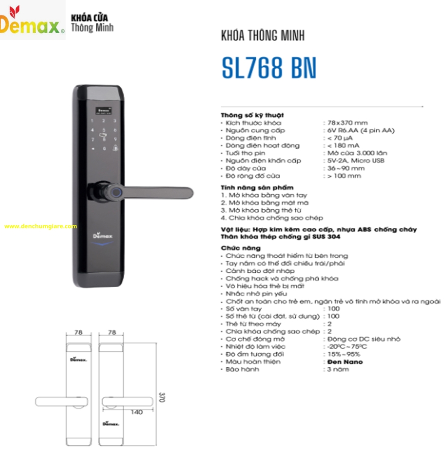 Khoá vân tay cửa gỗ Demax SL768 BN màu Đen Nano tiêu chuẩn Đức với 4 tính năng nổi bật 