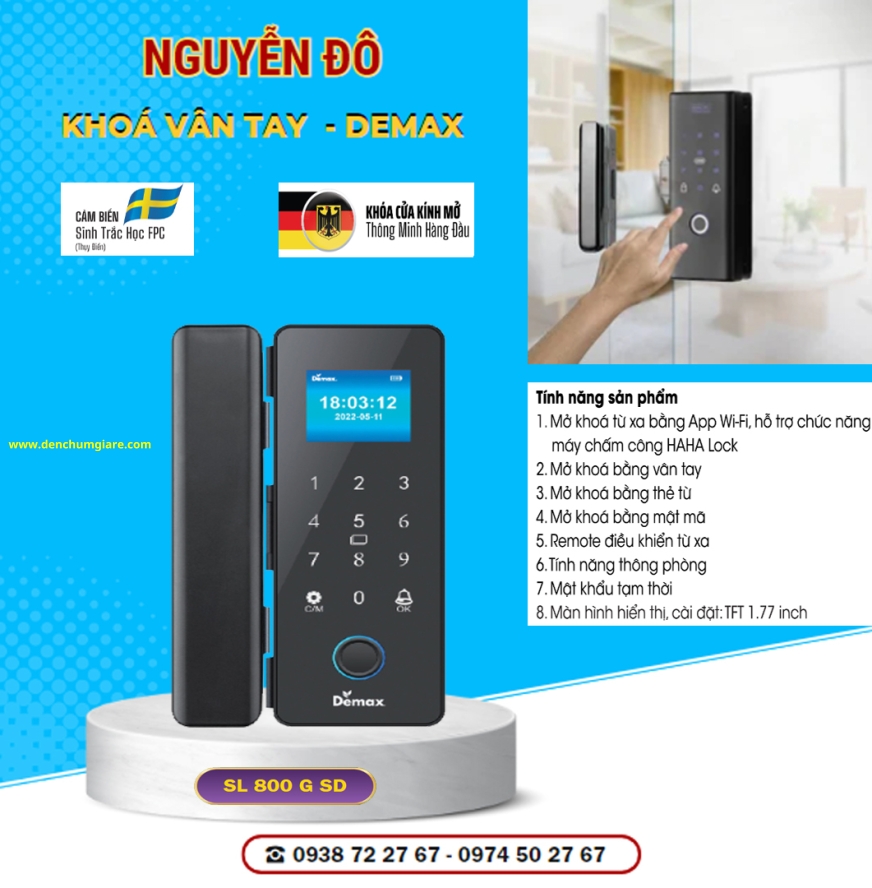 Khoá vân tay cửa kính Demax SL 800G-SD tiêu chuẩn Đức với 8 tính năng nổi bật