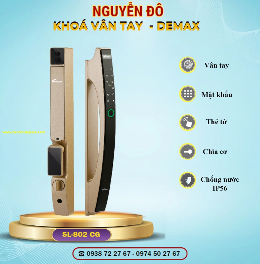 Khoá vân tay cửa nhôm Demax SL802 CG tiêu chuẩn Đức với 6 tính năng nổi bật 
