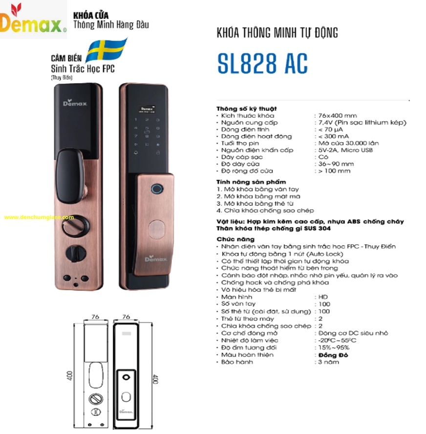 Khoá vân tay cửa gỗ Demax SL828 AC/SL828 GS tiêu chuẩn Đức với 4 tính năng nổi bật 