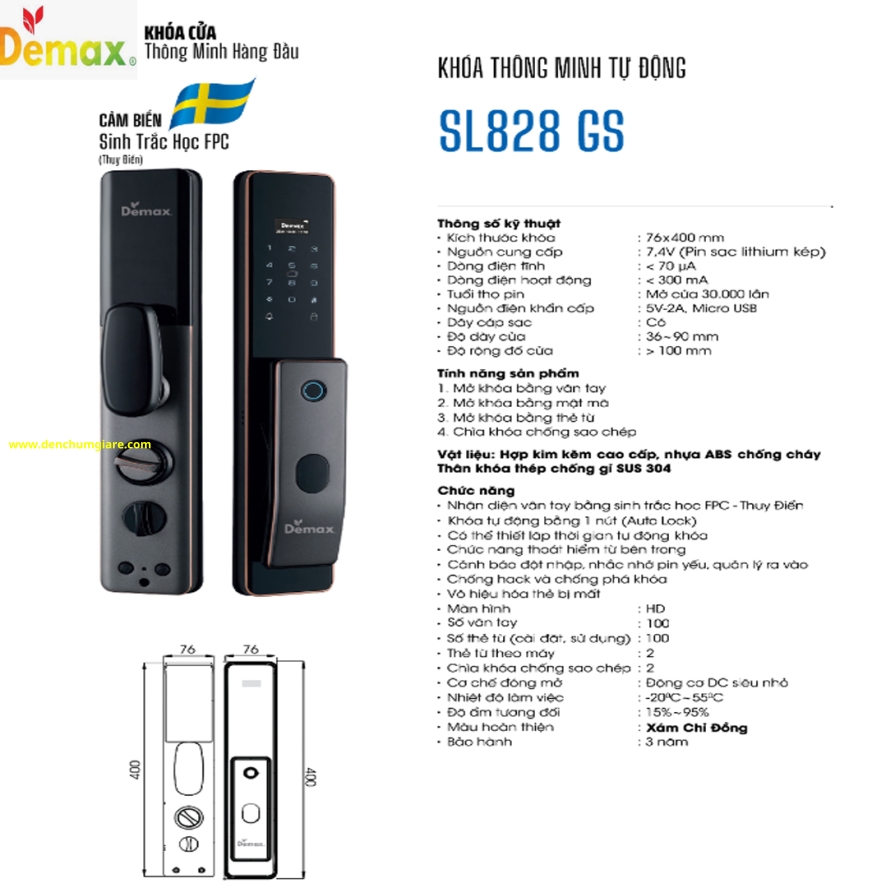 Khoá vân tay cửa gỗ Demax SL828 AC/SL828 GS tiêu chuẩn Đức với 4 tính năng nổi bật 