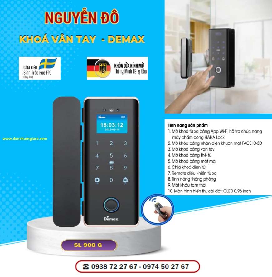 Khoá vân tay cửa kính Demax SL 900G tiêu chuẩn Đức với 9 tính năng nổi bật