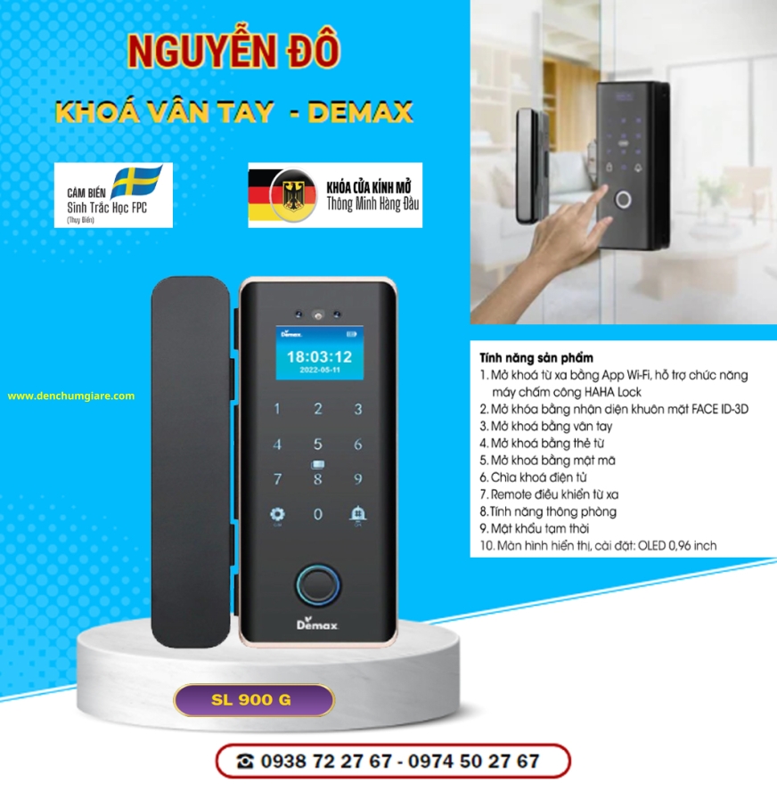Khoá vân tay cửa kính Demax SL 900G tiêu chuẩn Đức với 9 tính năng nổi bật