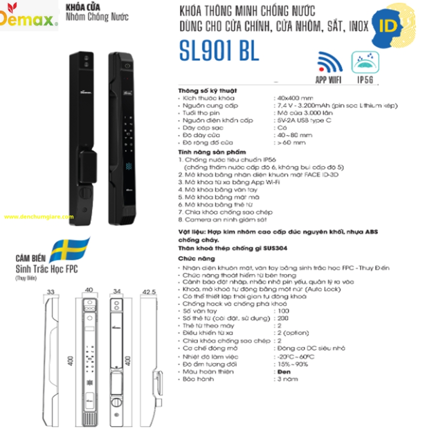 Khoá vân tay cửa nhôm Demax SL901 tiêu chuẩn Đức với 8 tính năng nổi bật 
