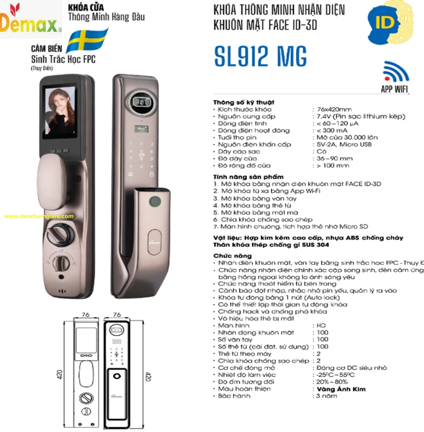 Khoá vân tay cửa gỗ Demax SL912 MG màu Vàng ánh kim tiêu chuẩn Đức với 7 tính năng nổi bật 