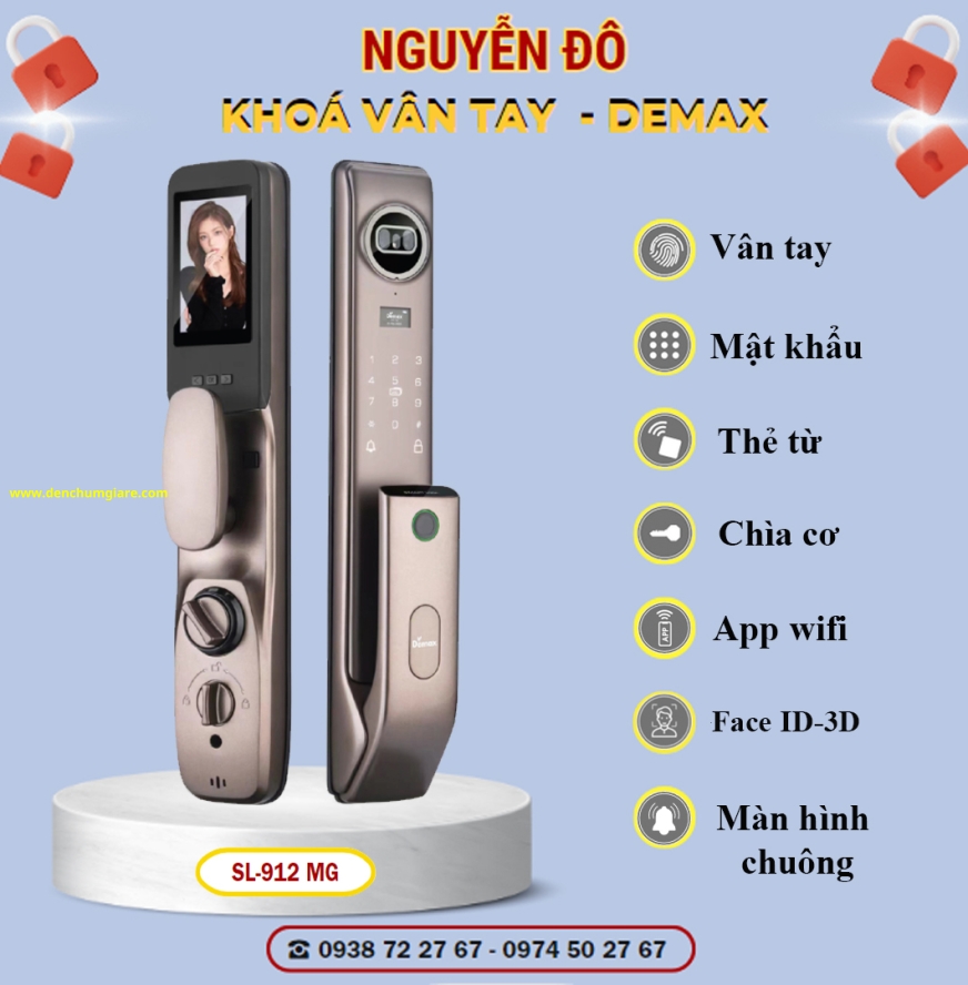 Khoá vân tay cửa gỗ Demax SL912 MG màu Vàng ánh kim tiêu chuẩn Đức với 7 tính năng nổi bật 