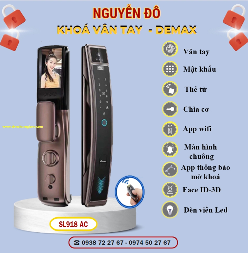 Khoá vân tay cửa gỗ Demax SL918 AC màu Đồng cổ tiêu chuẩn Đức với 9 tính năng nổi bật 