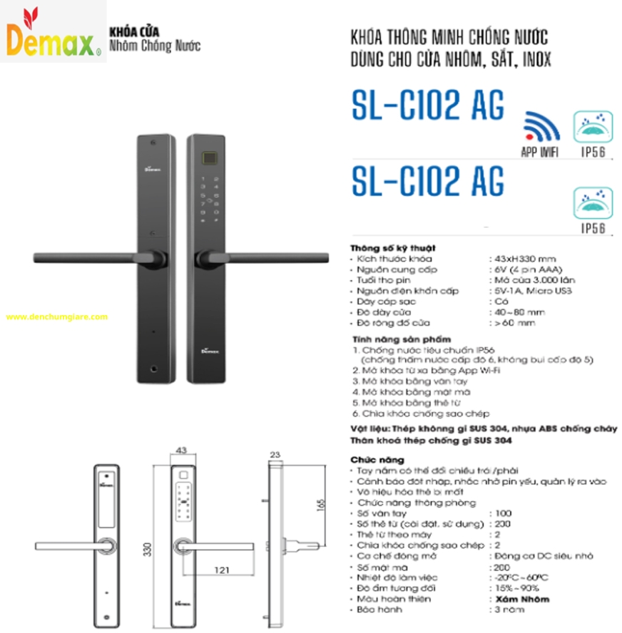 Khoá vân tay cửa nhôm Demax SL-C102 AG màu Xám nhôm tiêu chuẩn Đức với 6 tính năng nổi bật 