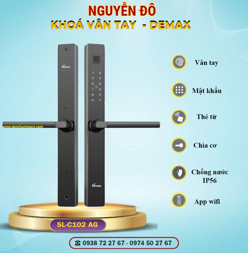 Khoá vân tay cửa nhôm Demax SL-C102 AG màu Xám nhôm tiêu chuẩn Đức với 6 tính năng nổi bật 