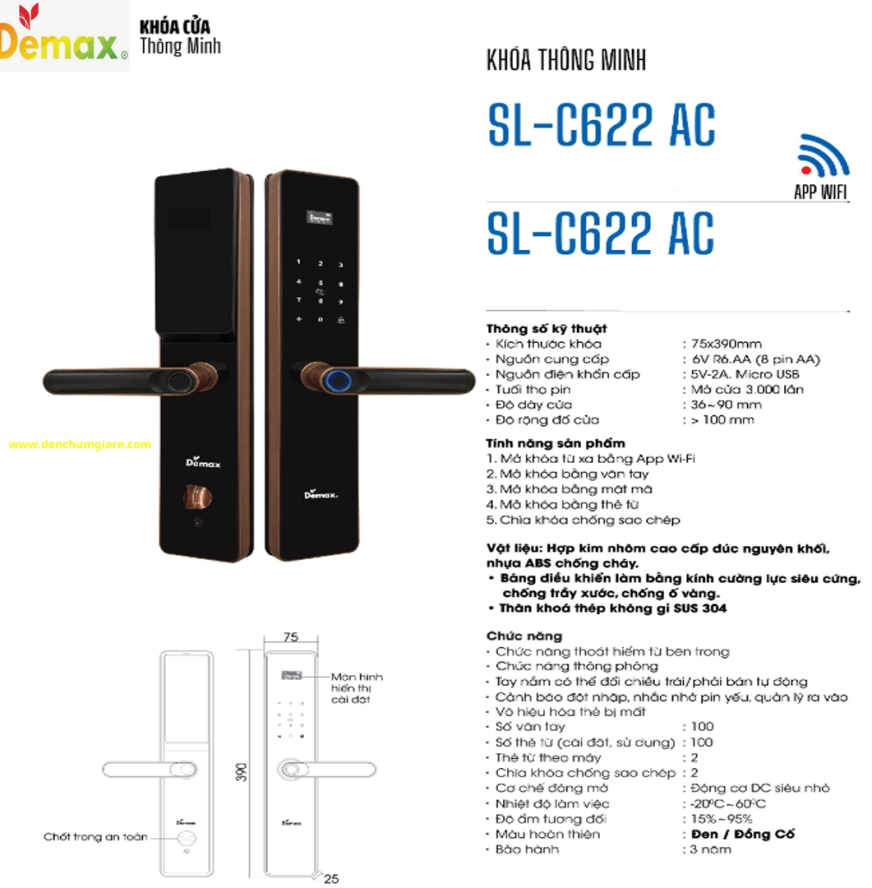 Khoá vân tay cửa gỗ Demax SL-C622 AC màu Đen-Đồng cổ tiêu chuẩn Đức với 5 tính năng nổi bật 