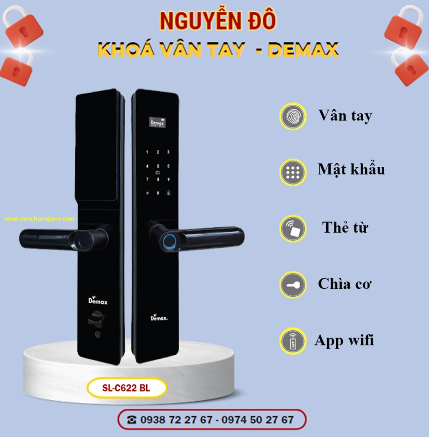 Khoá vân tay cửa gỗ Demax SL-C622 BL màu Đen tiêu chuẩn Đức với 5 tính năng nổi bật 