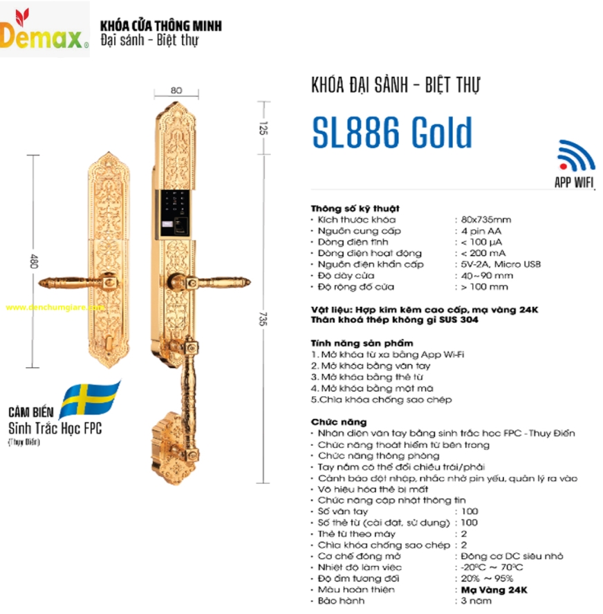 Khoá vân tay cửa đại sảnh Demax SL886 Gold mạ vàng 24K tiêu chuẩn Đức với 5 tính năng nổi bật 