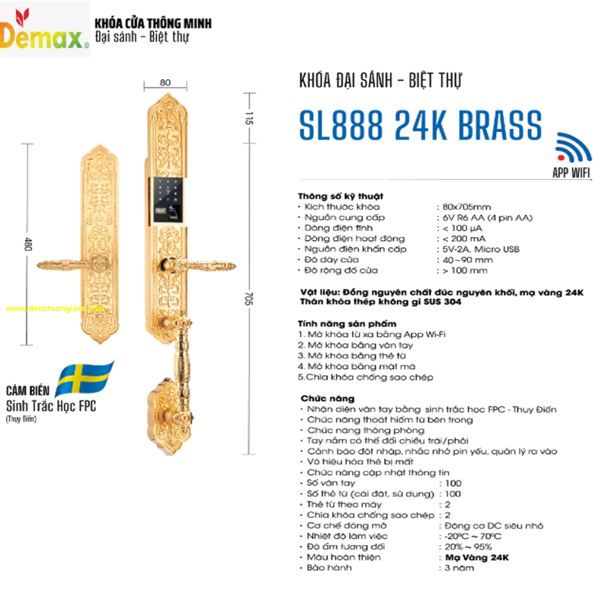 Khoá vân tay cửa đại sảnh Demax SL888 24K BRASS mạ vàng 24K tiêu chuẩn Đức với 5 tính năng nổi bật 