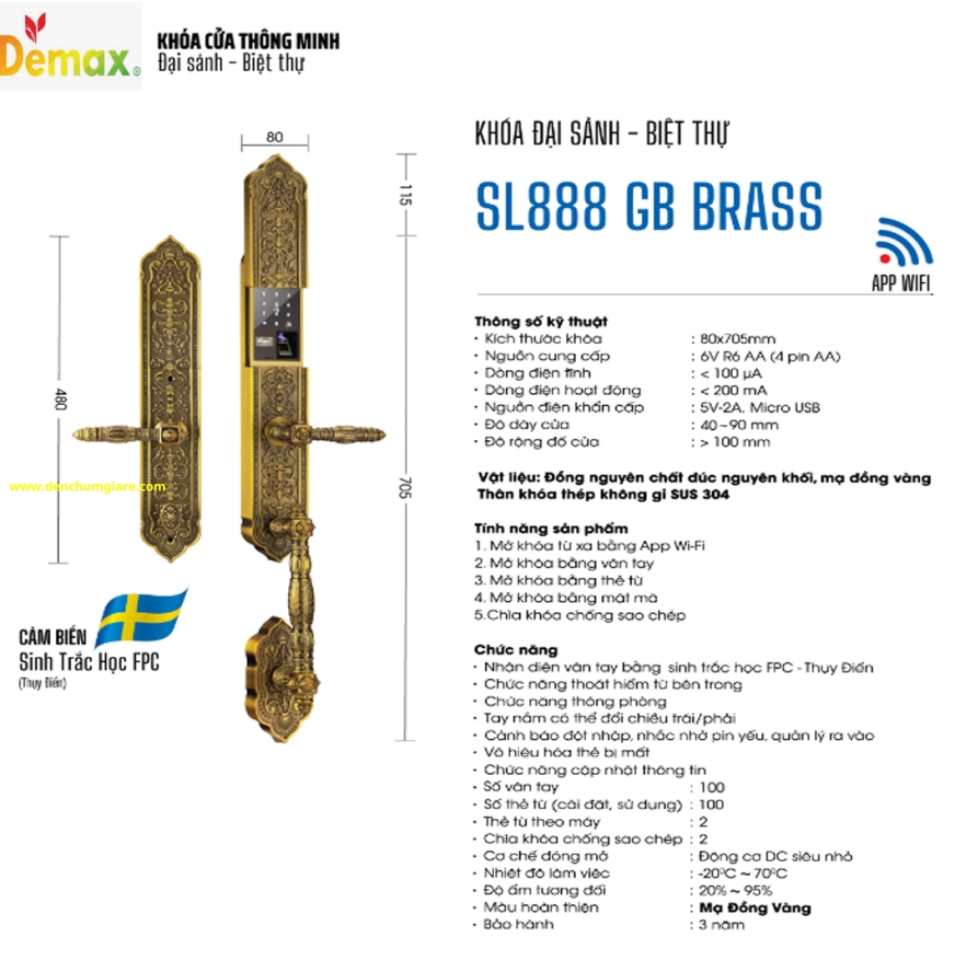 Khoá vân tay cửa đại sảnh Demax SL888 GB BRASS mạ đồng vàng tiêu chuẩn Đức với 5 tính năng nổi bật 