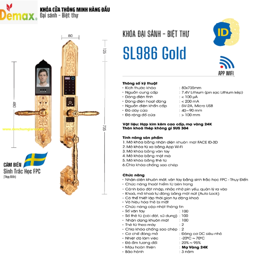 Khoá vân tay cửa đại sảnh Demax SL986 Gold mạ vàng 24K tiêu chuẩn Đức với 6 tính năng nổi bật 