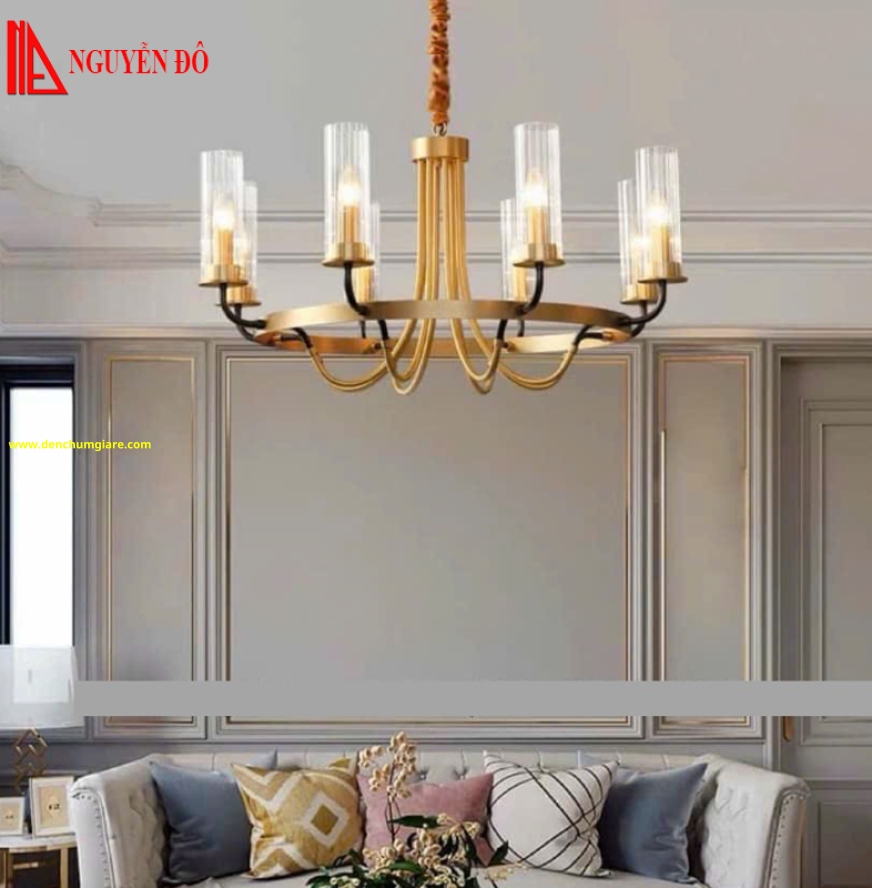 Đèn chùm hiện đại, đèn chùm trang trí TH-833-21, tạo hình bởi hình trụ tròn thuỷ tinh và nến trang trí