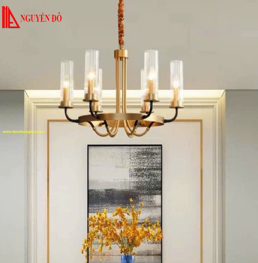 Đèn chùm hiện đại, đèn chùm trang trí TH-833-21, tạo hình bởi hình trụ tròn thuỷ tinh và nến trang trí